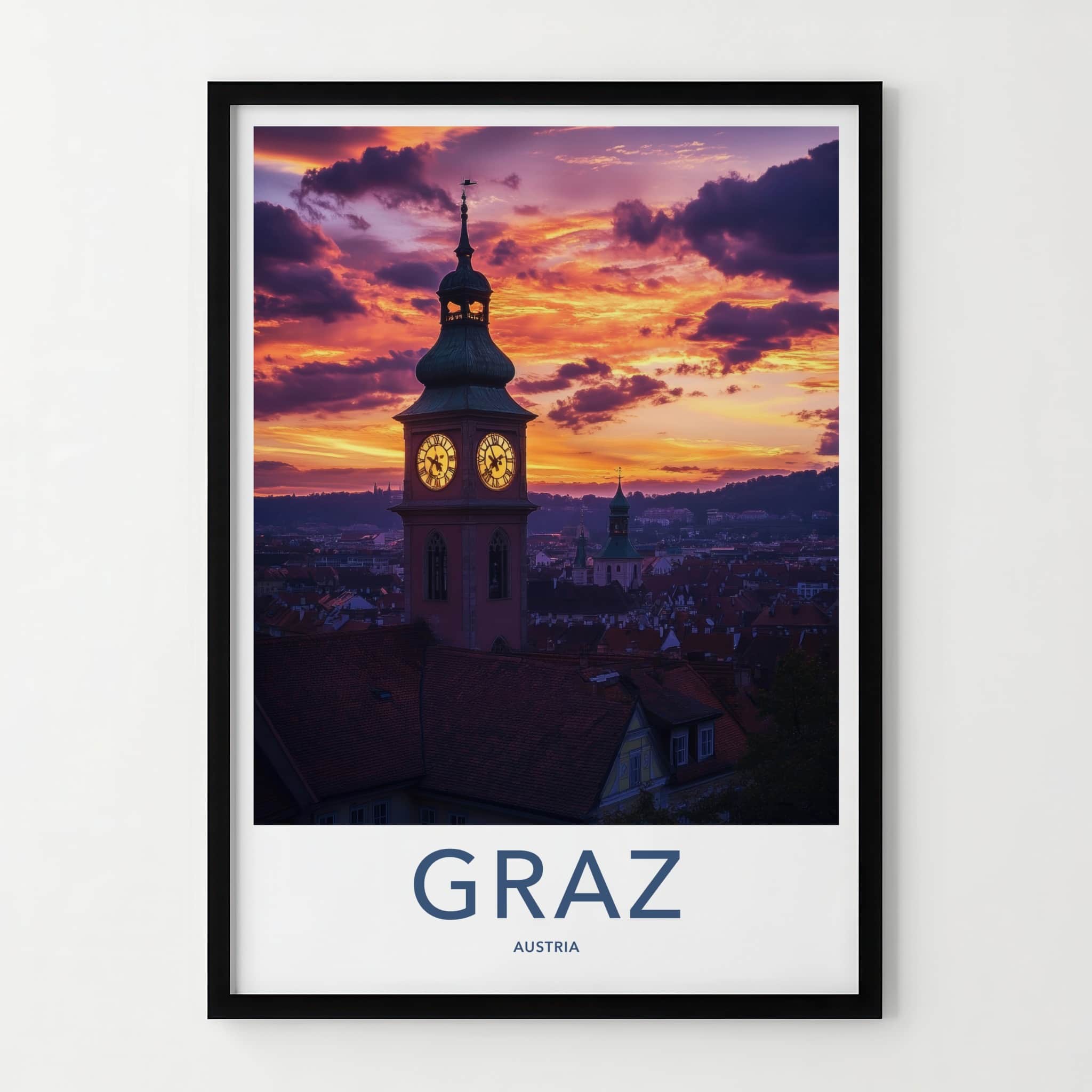 Graz Poster - Austria Travel Art - Vibrant Sunset Tower Wall Decor