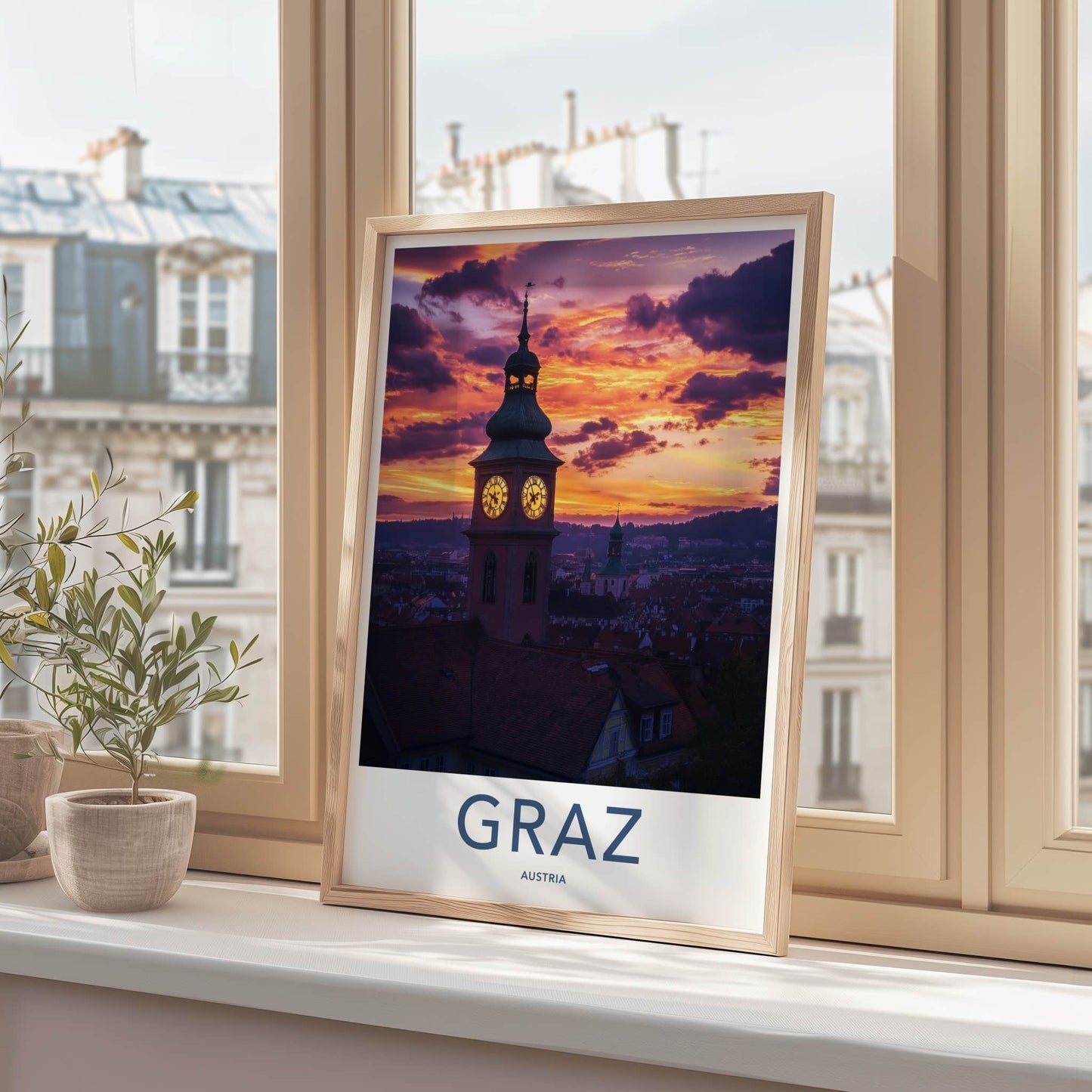 Graz Poster - Austria Travel Art - Vibrant Sunset Tower Wall Decor