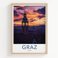 Graz Poster - Austria Travel Art - Vibrant Sunset Tower Wall Decor