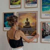 Great Buddha Poster - Thailand Travel Art - Meditating Buddha Sunset Home Decor