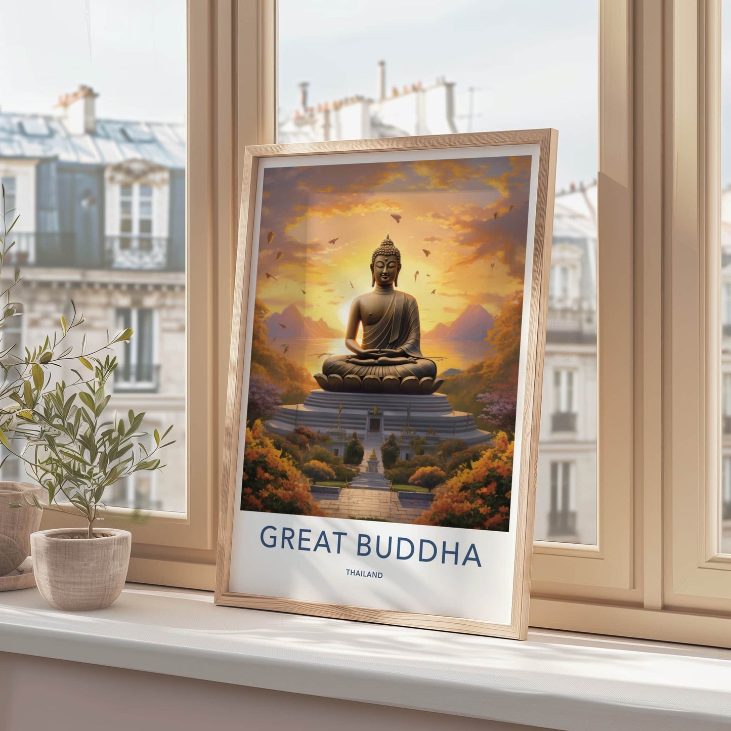 Great Buddha Poster - Thailand Travel Art - Meditating Buddha Sunset Home Decor