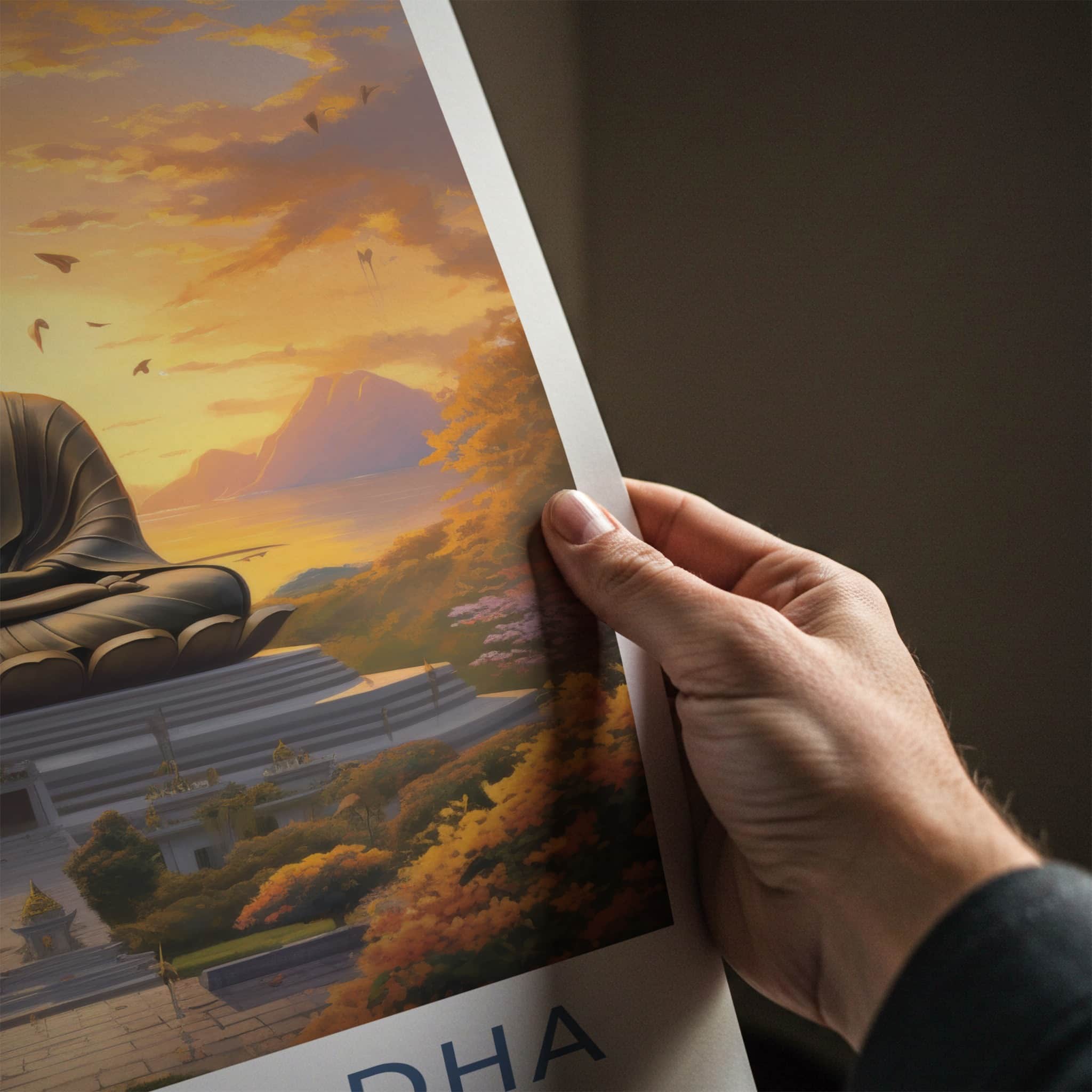 Great Buddha Poster - Thailand Travel Art - Meditating Buddha Sunset Home Decor