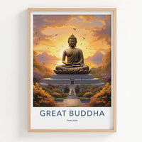 Great Buddha Poster - Thailand Travel Art - Meditating Buddha Sunset Home Decor