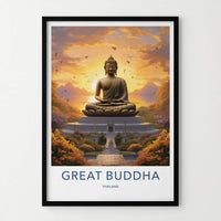 Great Buddha Poster - Thailand Travel Art - Meditating Buddha Sunset Home Decor