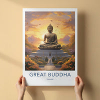 Great Buddha Poster - Thailand Travel Art - Meditating Buddha Sunset Home Decor