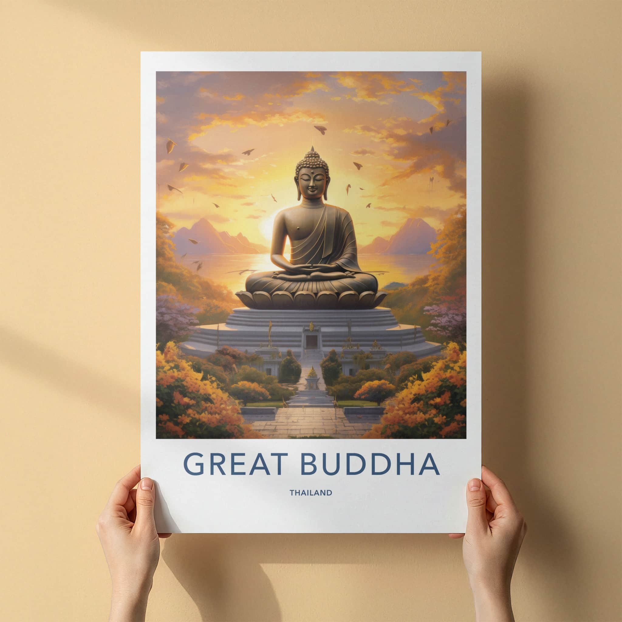 Great Buddha Poster - Thailand Travel Art - Meditating Buddha Sunset Home Decor
