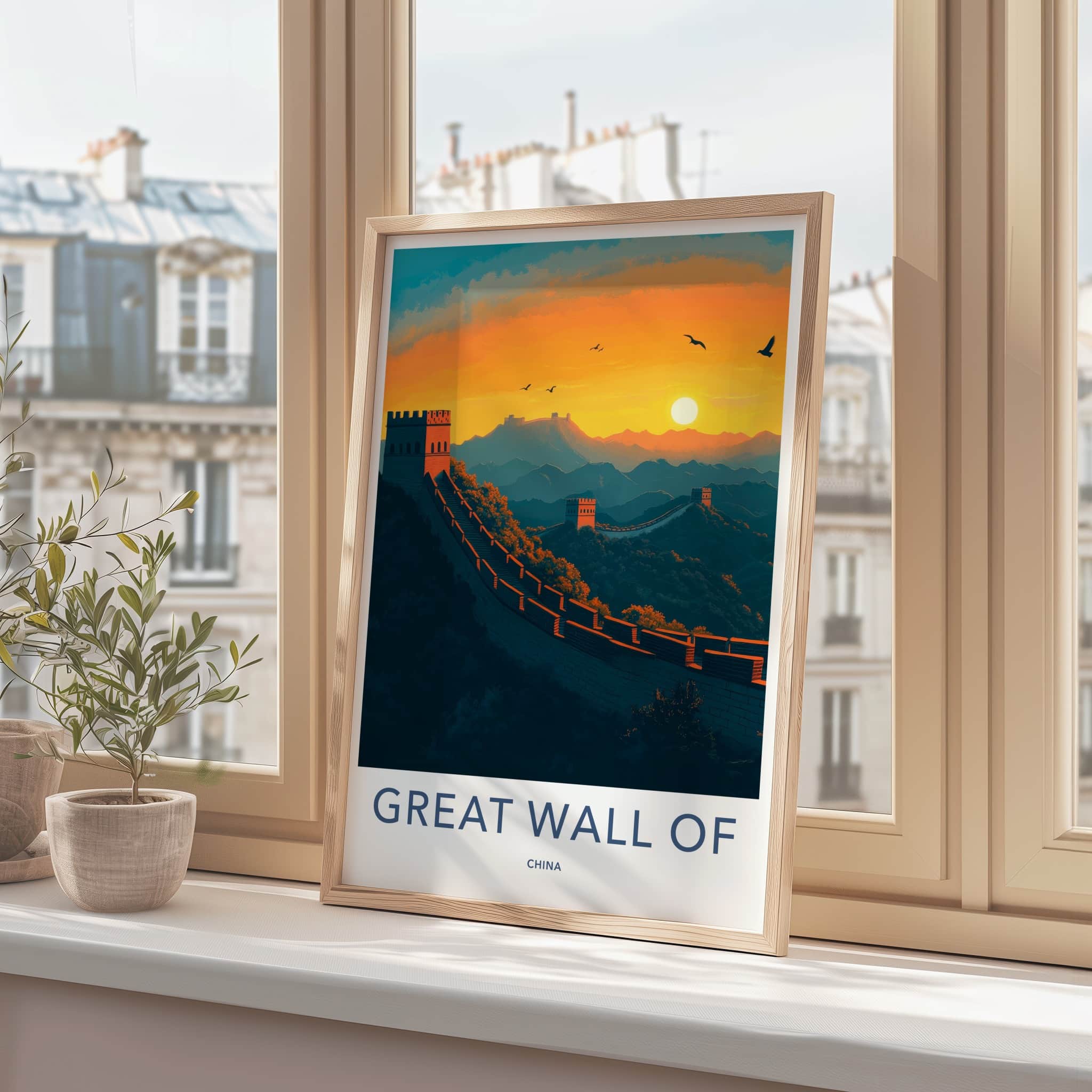 Great Wall Of China Poster - China Fine Art - Sunset Mountain Birds Gift