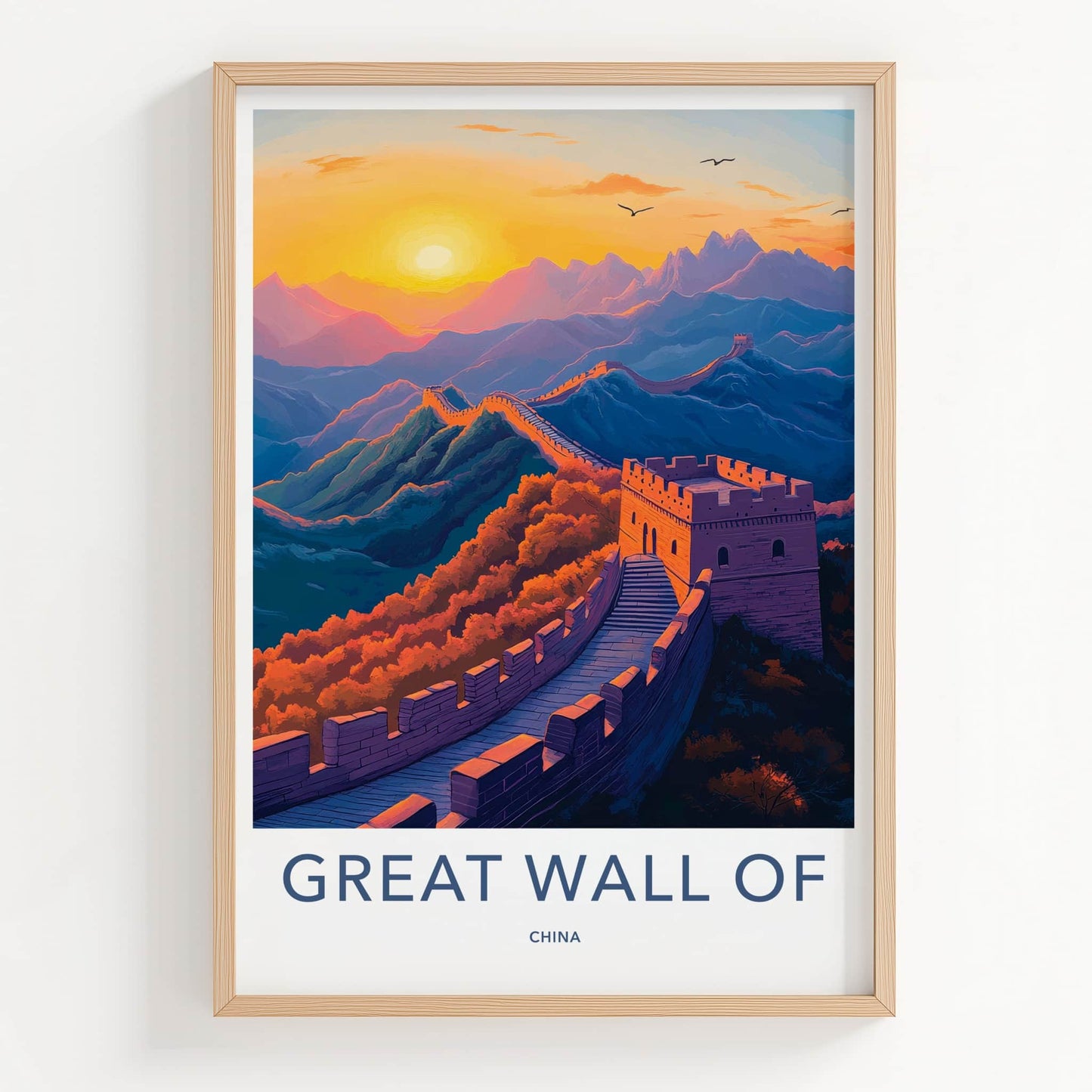 Great Wall of China Poster - China Travel Art - Golden Sky Fortress Wall Decor
