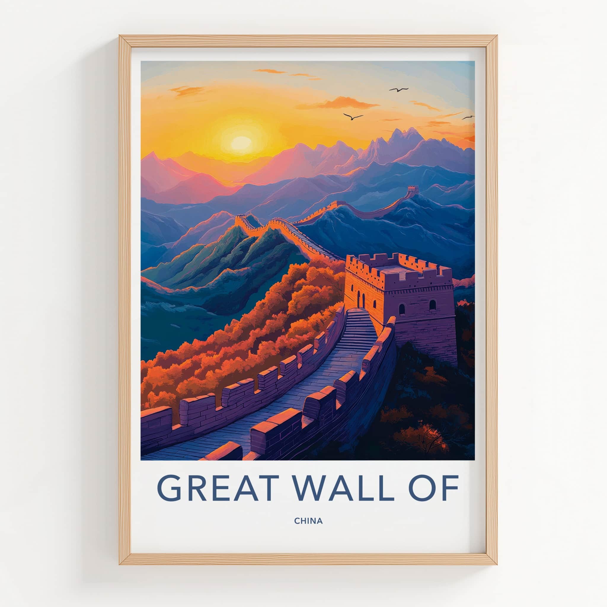 Great Wall of China Poster - China Travel Art - Golden Sky Fortress Wall Decor