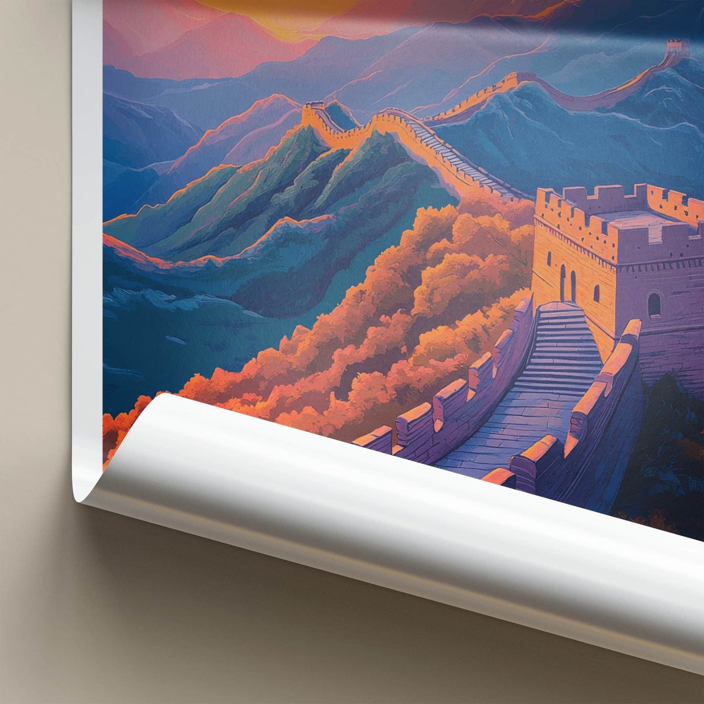 Great Wall of China Poster - China Travel Art - Golden Sky Fortress Wall Decor