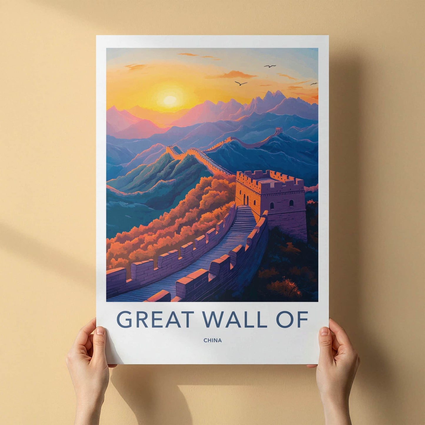Great Wall of China Poster - China Travel Art - Golden Sky Fortress Wall Decor