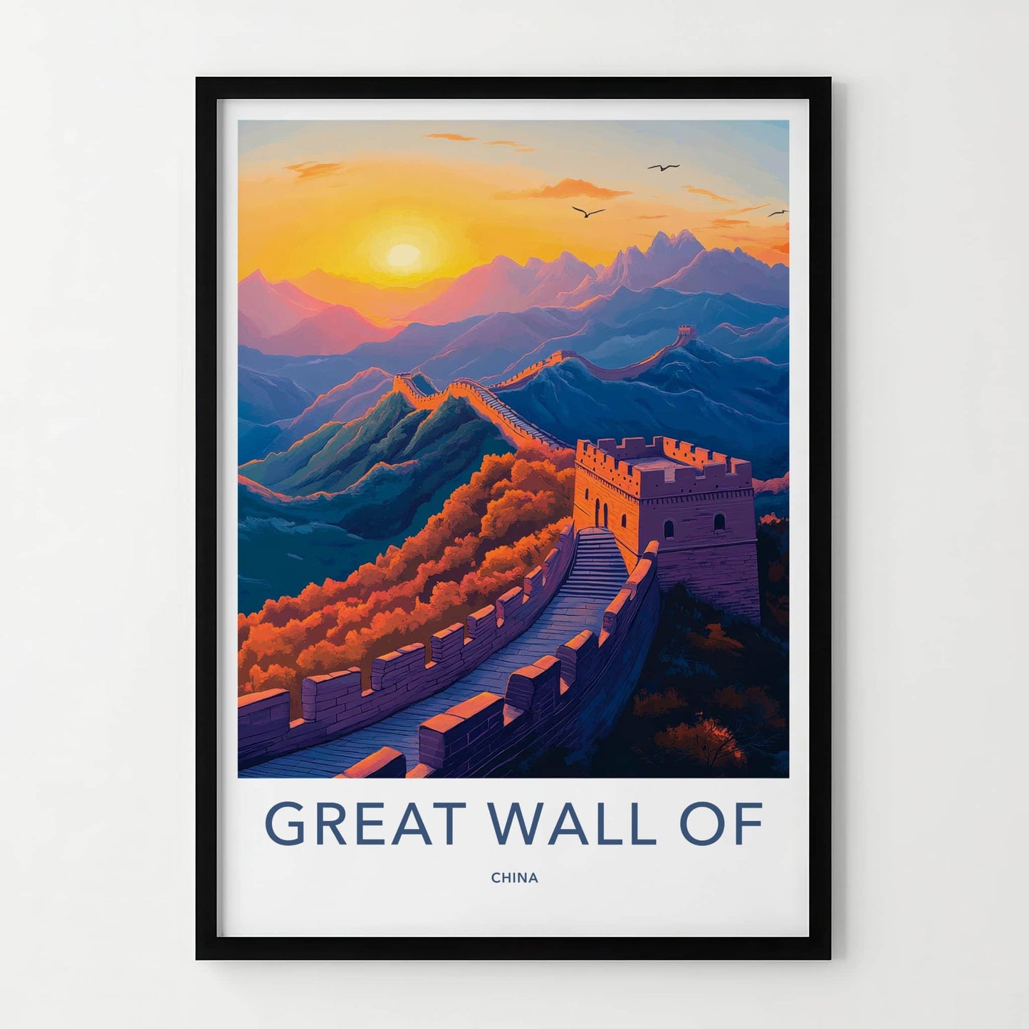 Great Wall of China Poster - China Travel Art - Golden Sky Fortress Wall Decor