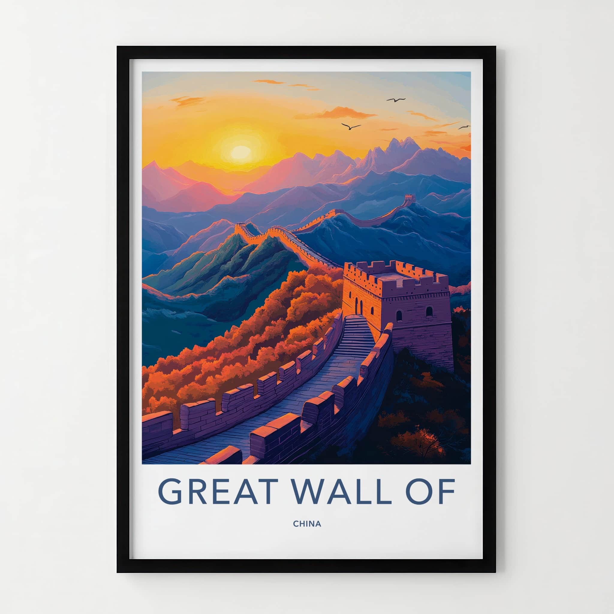 Great Wall of China Poster - China Travel Art - Golden Sky Fortress Wall Decor