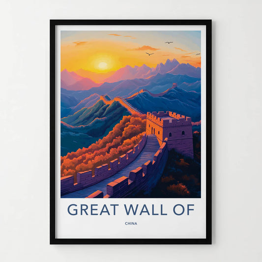 Great Wall of China Poster - China Travel Art - Golden Sky Fortress Wall Decor