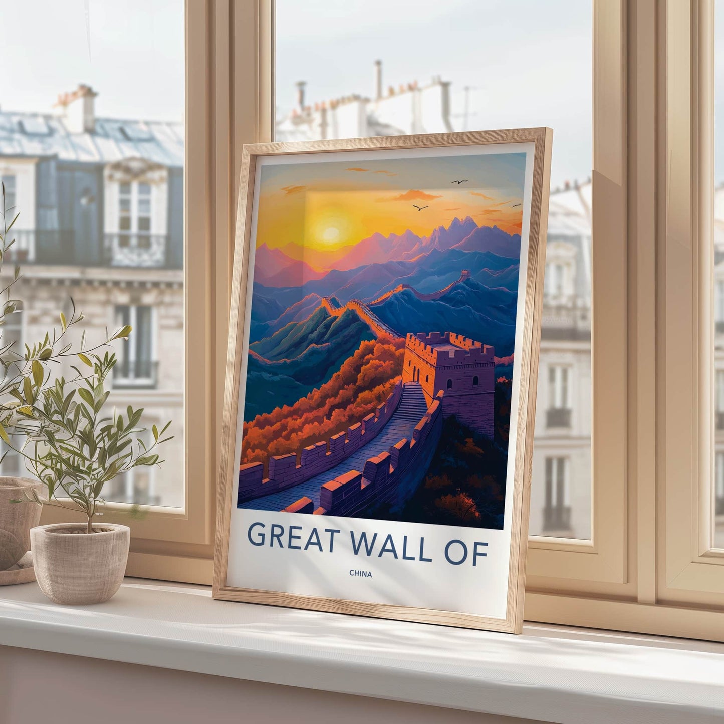 Great Wall of China Poster - China Travel Art - Golden Sky Fortress Wall Decor