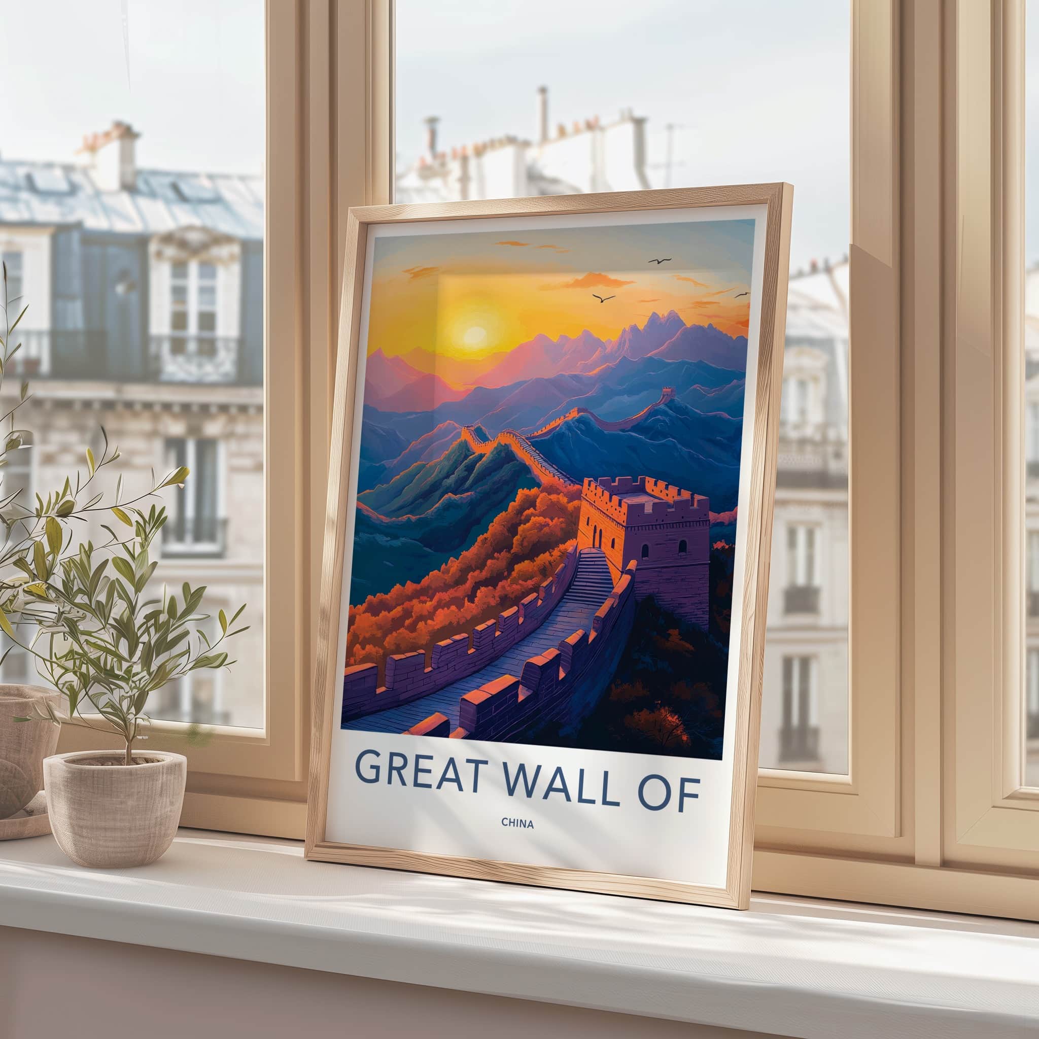Great Wall of China Poster - China Travel Art - Golden Sky Fortress Wall Decor