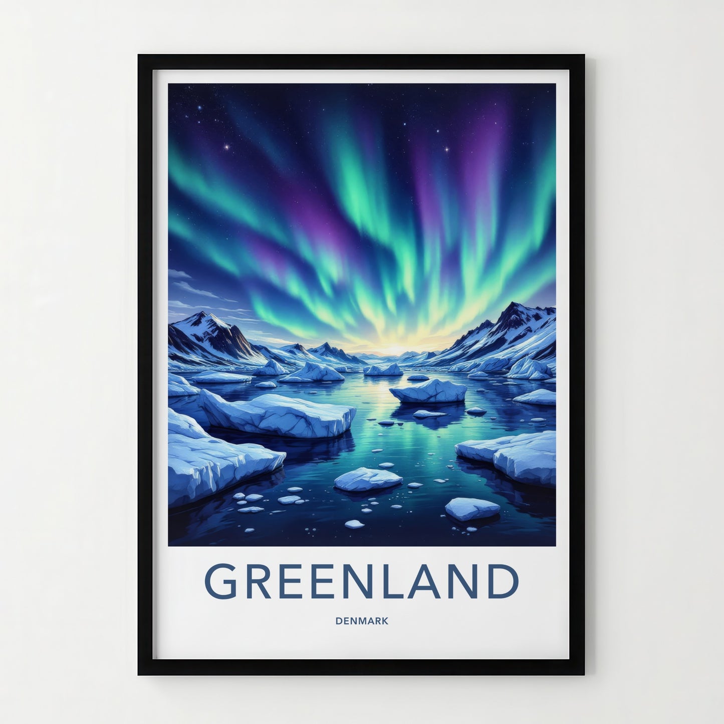 Greenland Poster - Denmark Travel Print - Aurora Iceberg Sky Wall Decor