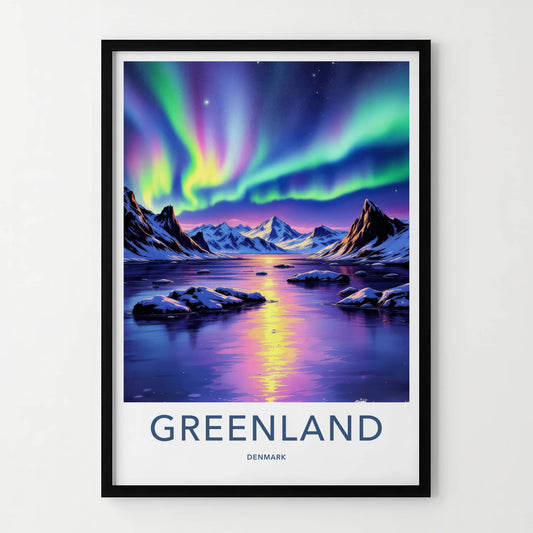 Greenland Poster - Denmark Travel Print Colorful Aurora Arctic Lounge Decor