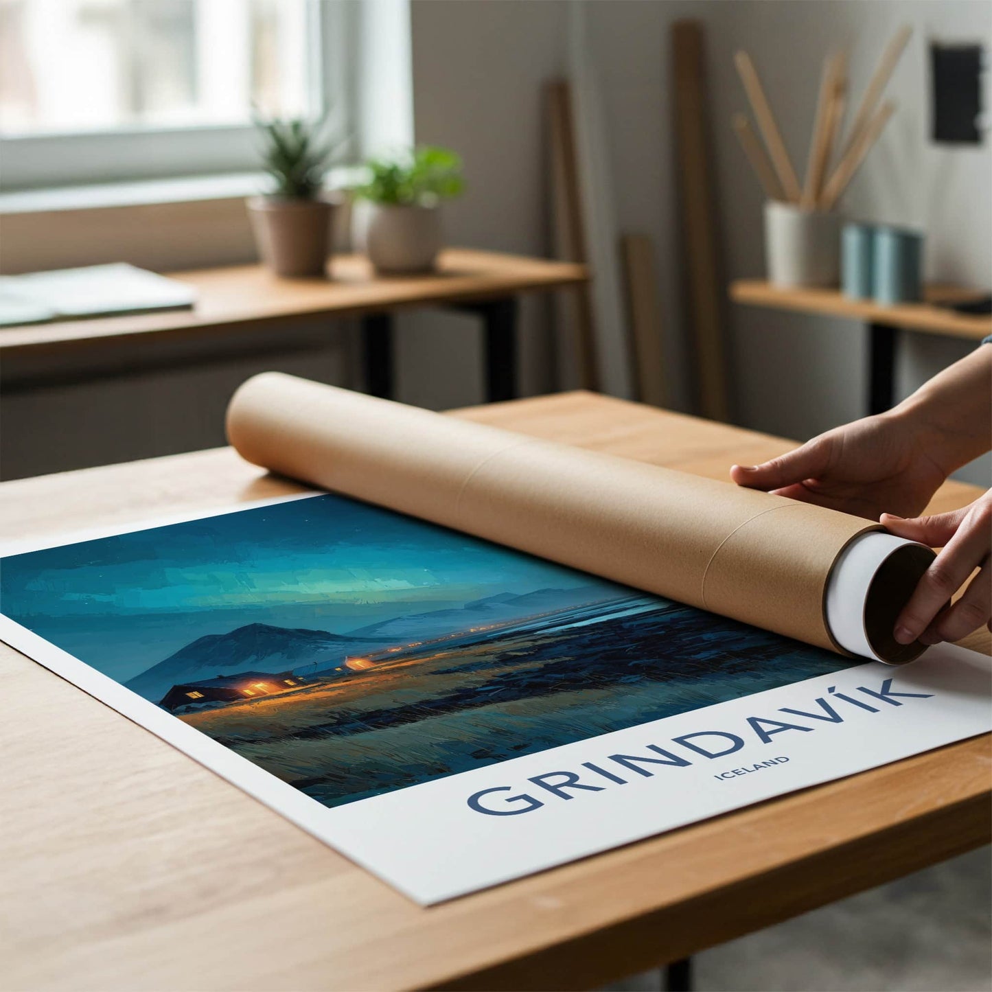 Grindavik Poster - Iceland Travel Art - Coastal Lights Mountains Home Decor
