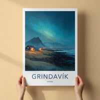 Grindavik Poster - Iceland Travel Art - Coastal Lights Mountains Home Decor