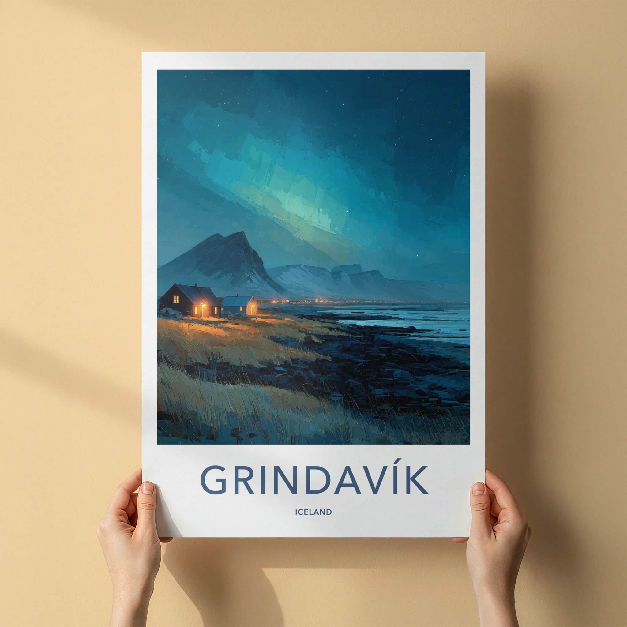 Grindavik Poster - Iceland Travel Art - Coastal Lights Mountains Home Decor