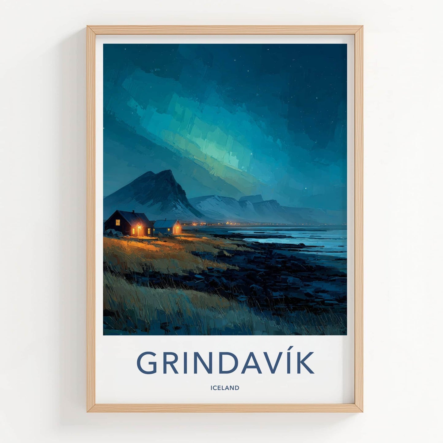 Grindavik Poster - Iceland Travel Art - Coastal Lights Mountains Home Decor