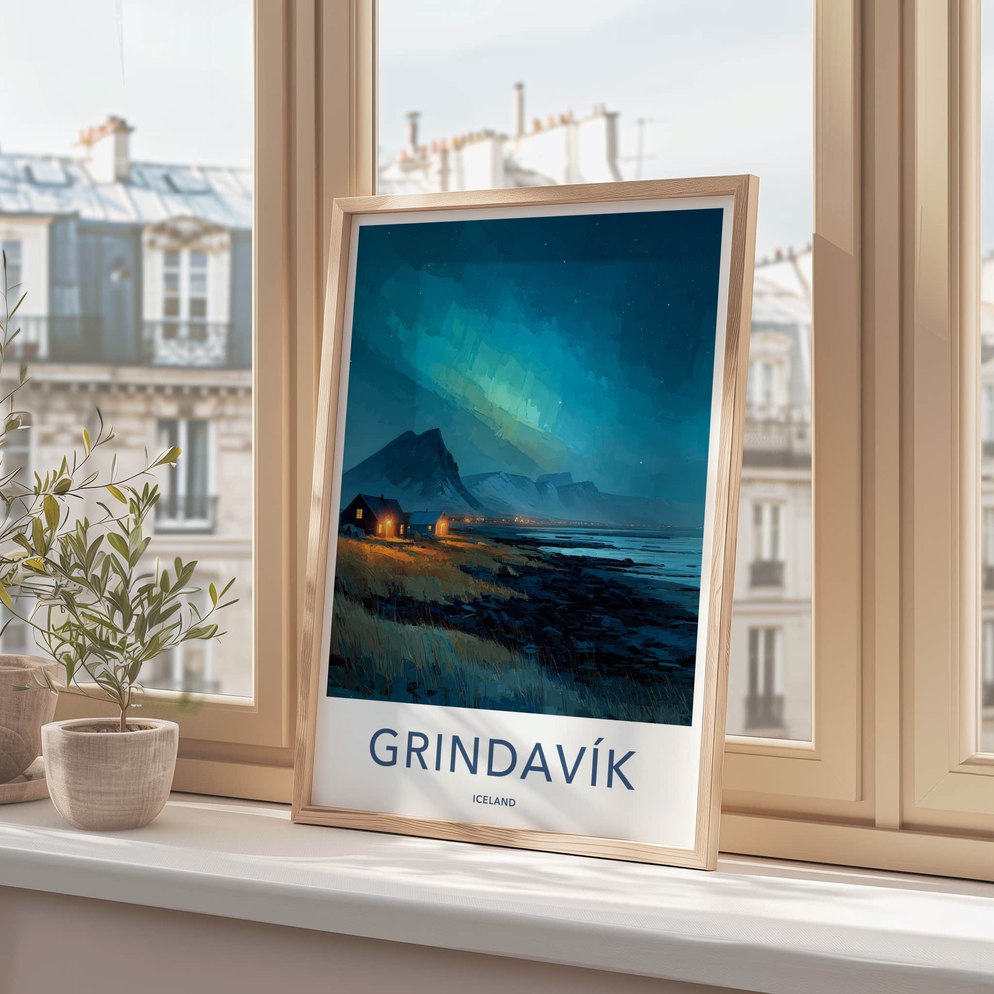 Grindavik Poster - Iceland Travel Art - Coastal Lights Mountains Home Decor
