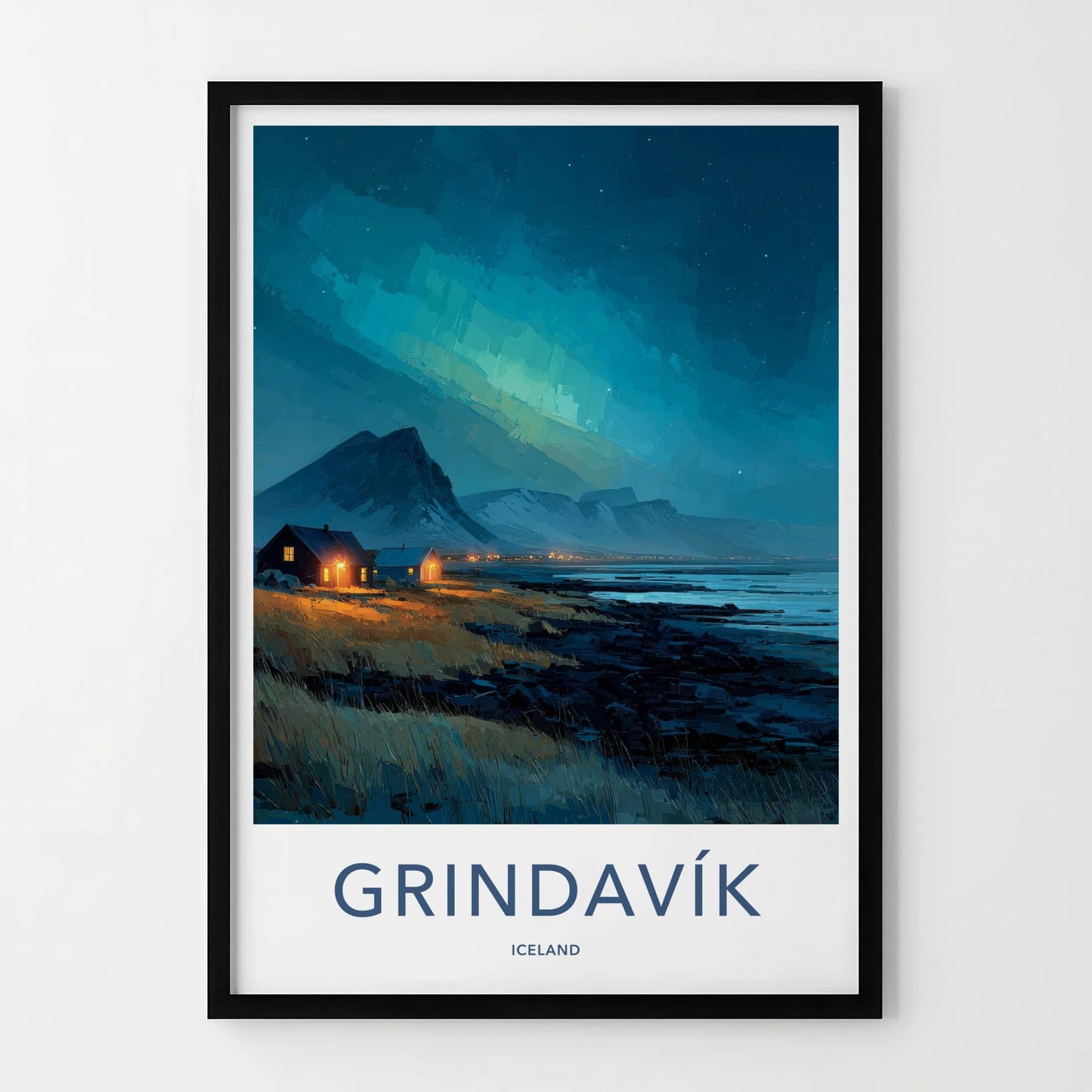 Grindavik Poster - Iceland Travel Art - Coastal Lights Mountains Home Decor