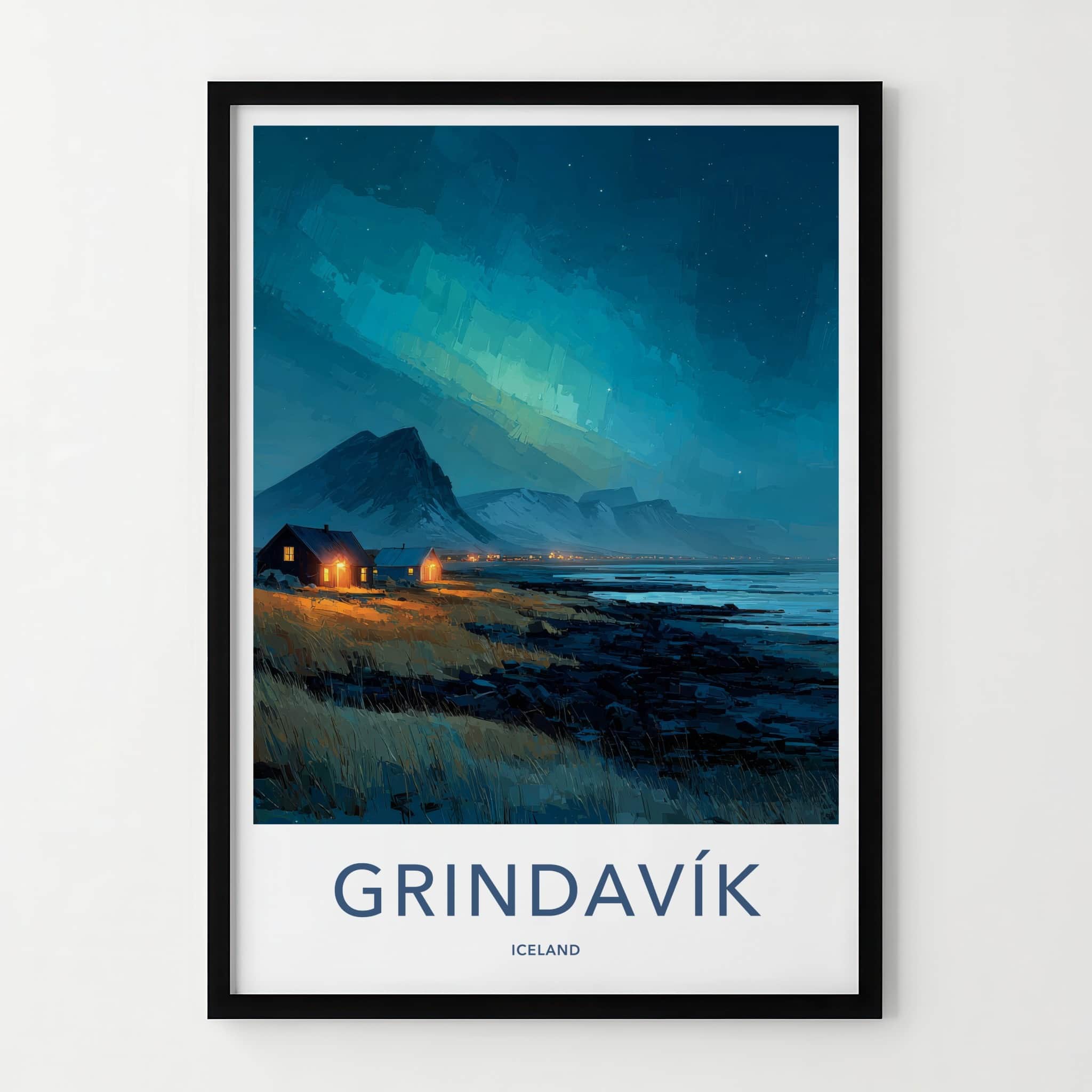 Grindavik Poster - Iceland Travel Art - Coastal Lights Mountains Home Decor