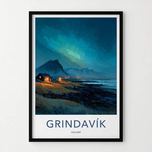 Grindavik Poster - Iceland Travel Art - Coastal Lights Mountains Home Decor