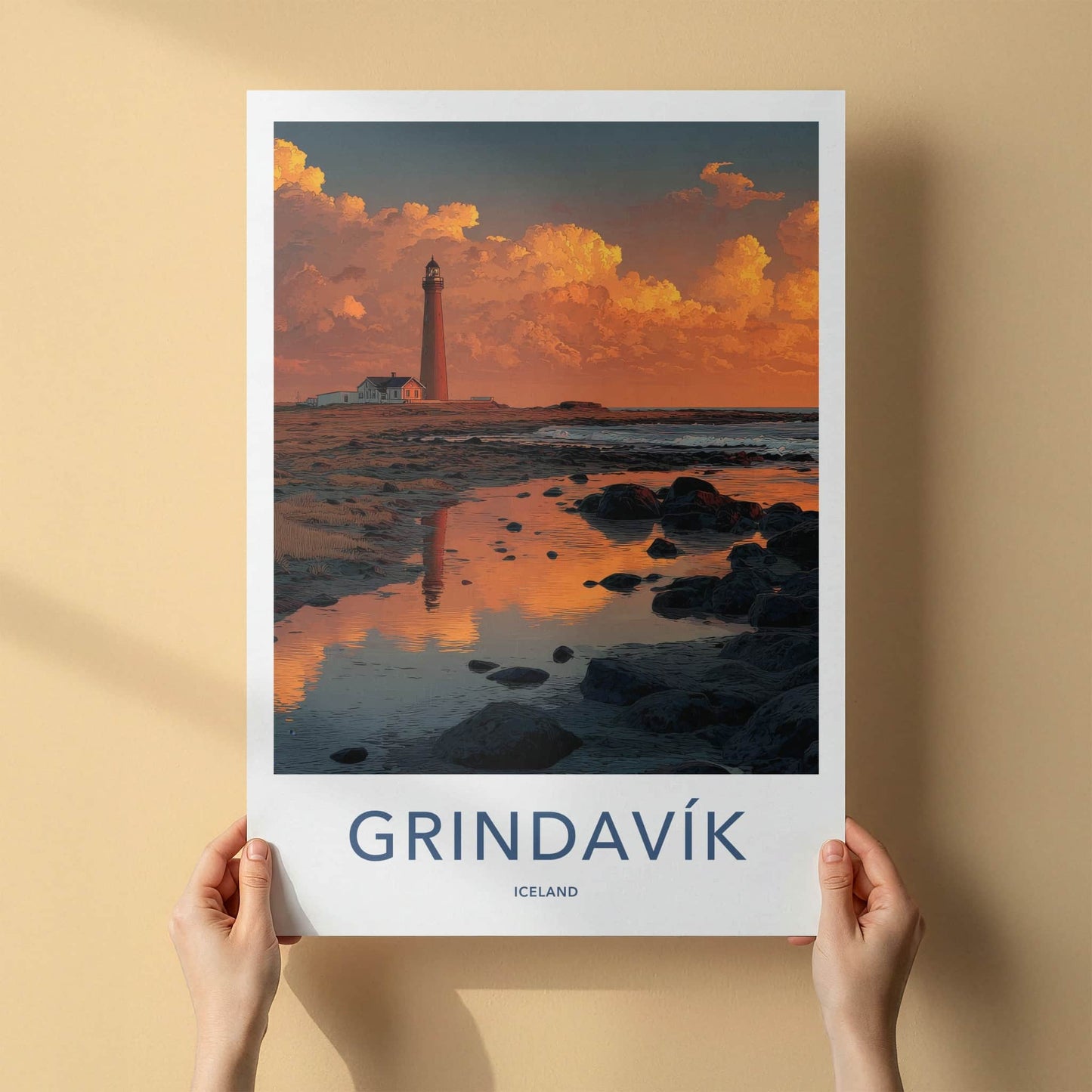 Grindavik Poster - Iceland Travel Art - Lighthouse Sunset Reflection Wall Decor