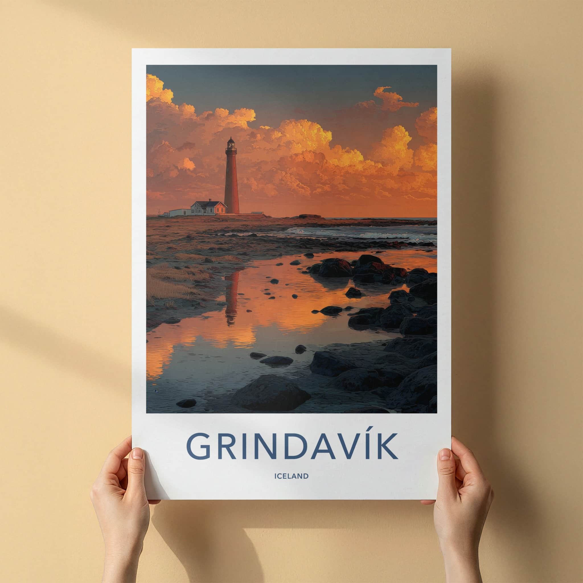 Grindavik Poster - Iceland Travel Art - Lighthouse Sunset Reflection Wall Decor