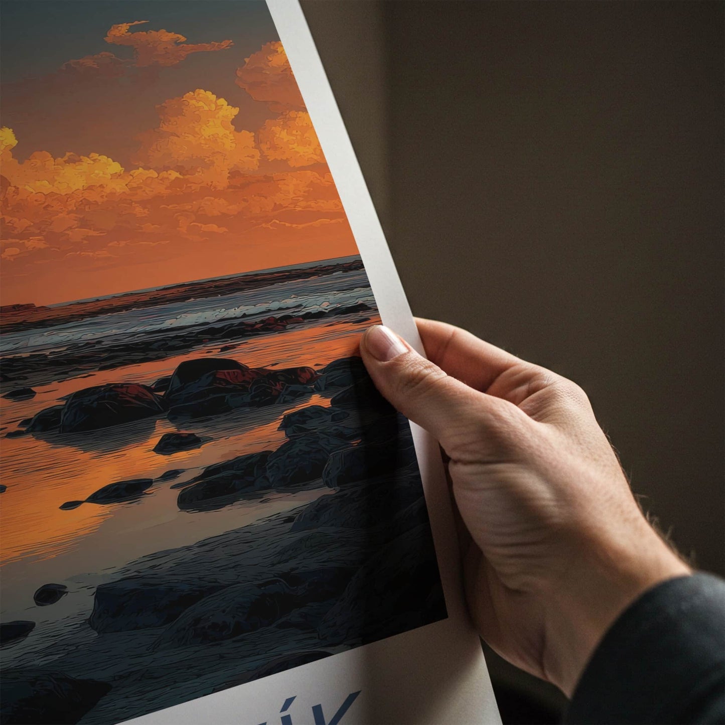 Grindavik Poster - Iceland Travel Art - Lighthouse Sunset Reflection Wall Decor