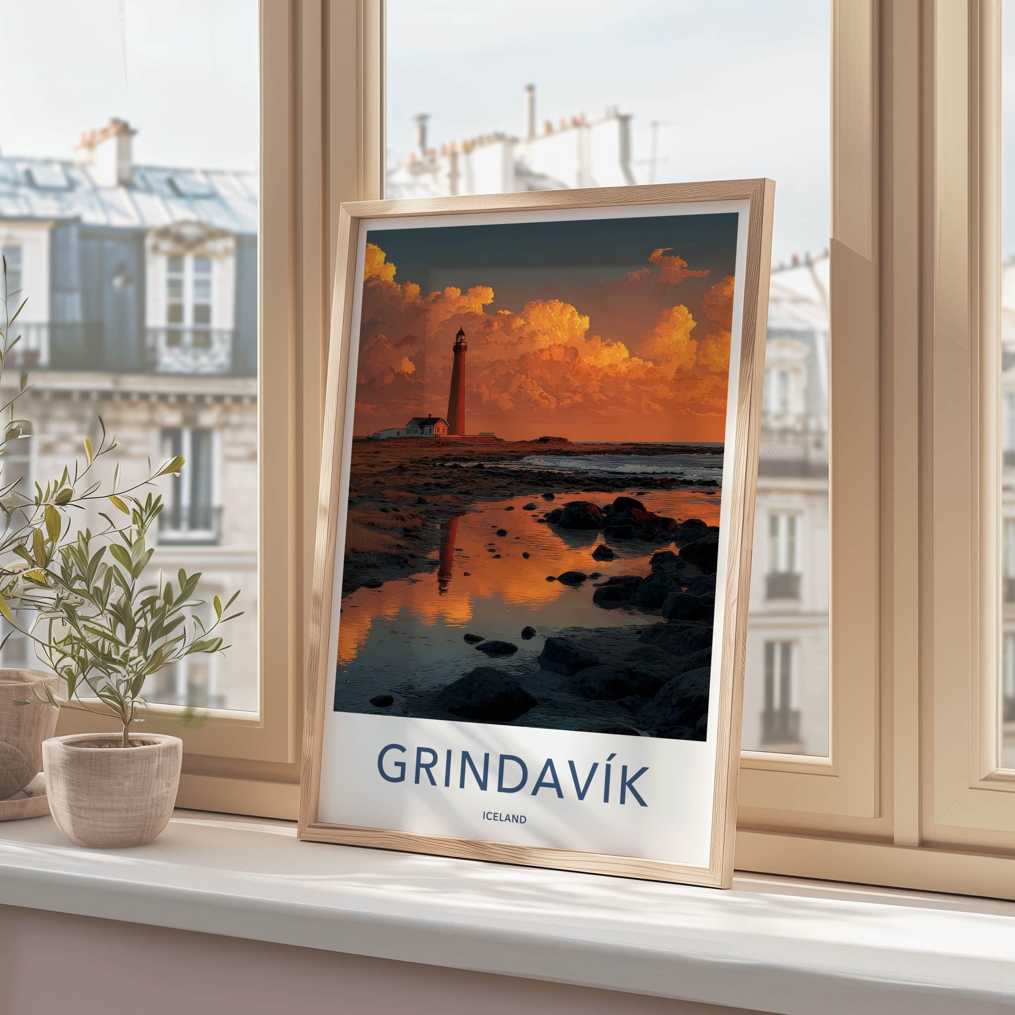 Grindavik Poster - Iceland Travel Art - Lighthouse Sunset Reflection Wall Decor