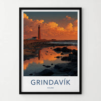 Grindavik Poster - Iceland Travel Art - Lighthouse Sunset Reflection Wall Decor