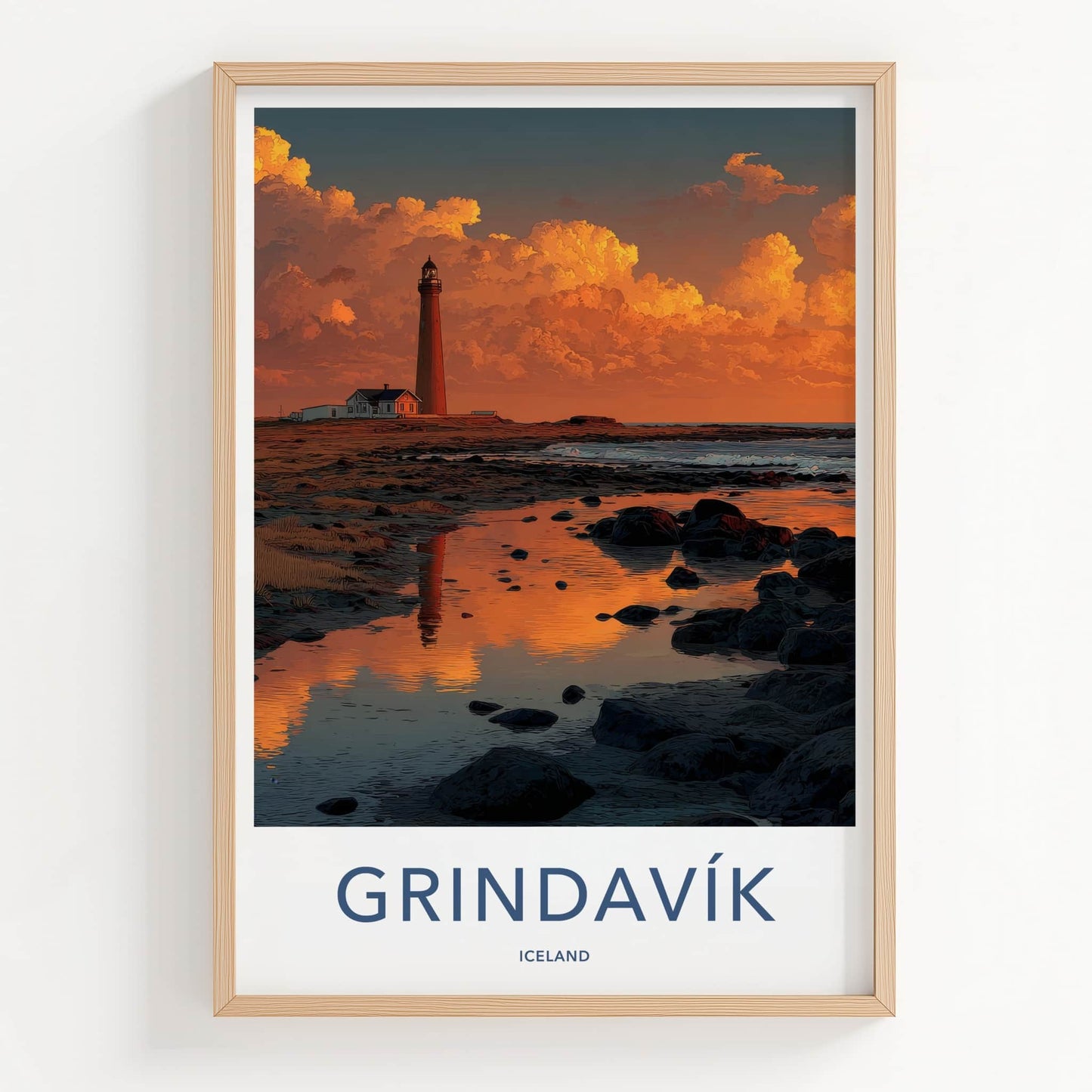 Grindavik Poster - Iceland Travel Art - Lighthouse Sunset Reflection Wall Decor