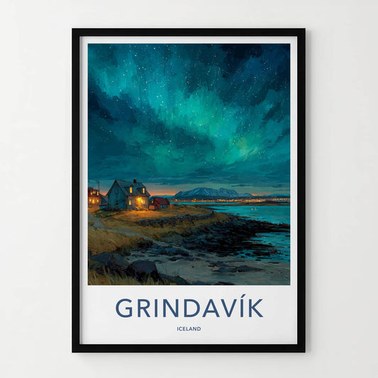 Grindavik Poster - Iceland Travel Art - Northern Lights House Home Decor