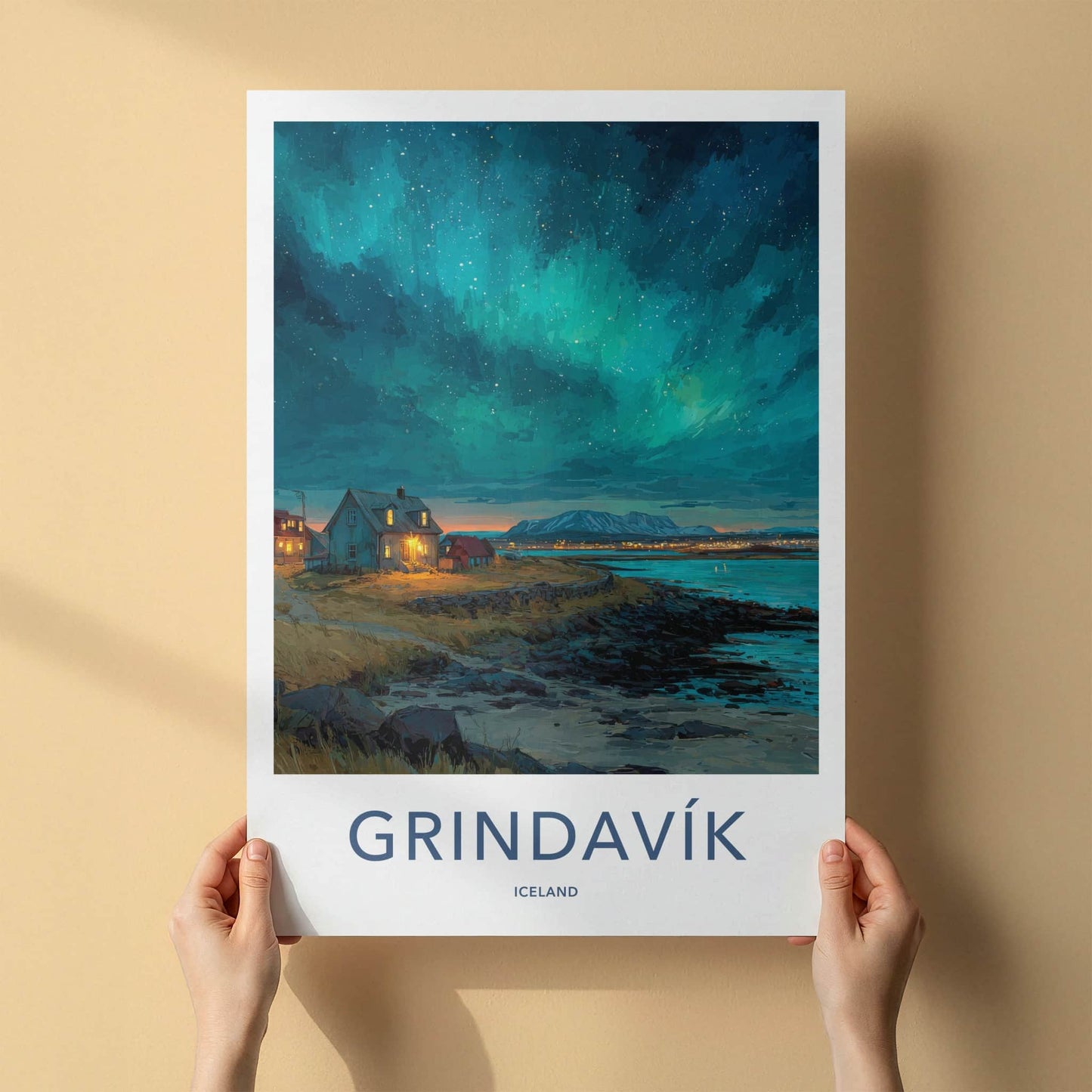 Grindavik Poster - Iceland Travel Art - Northern Lights House Home Decor