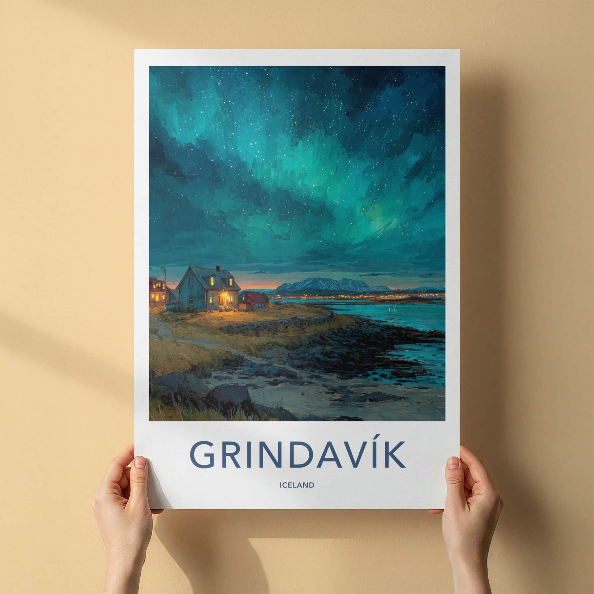 Grindavik Poster - Iceland Travel Art - Northern Lights House Home Decor