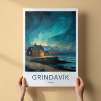 Grindavik Poster - Iceland Travel Art - Starry Coastal Village Home Decor