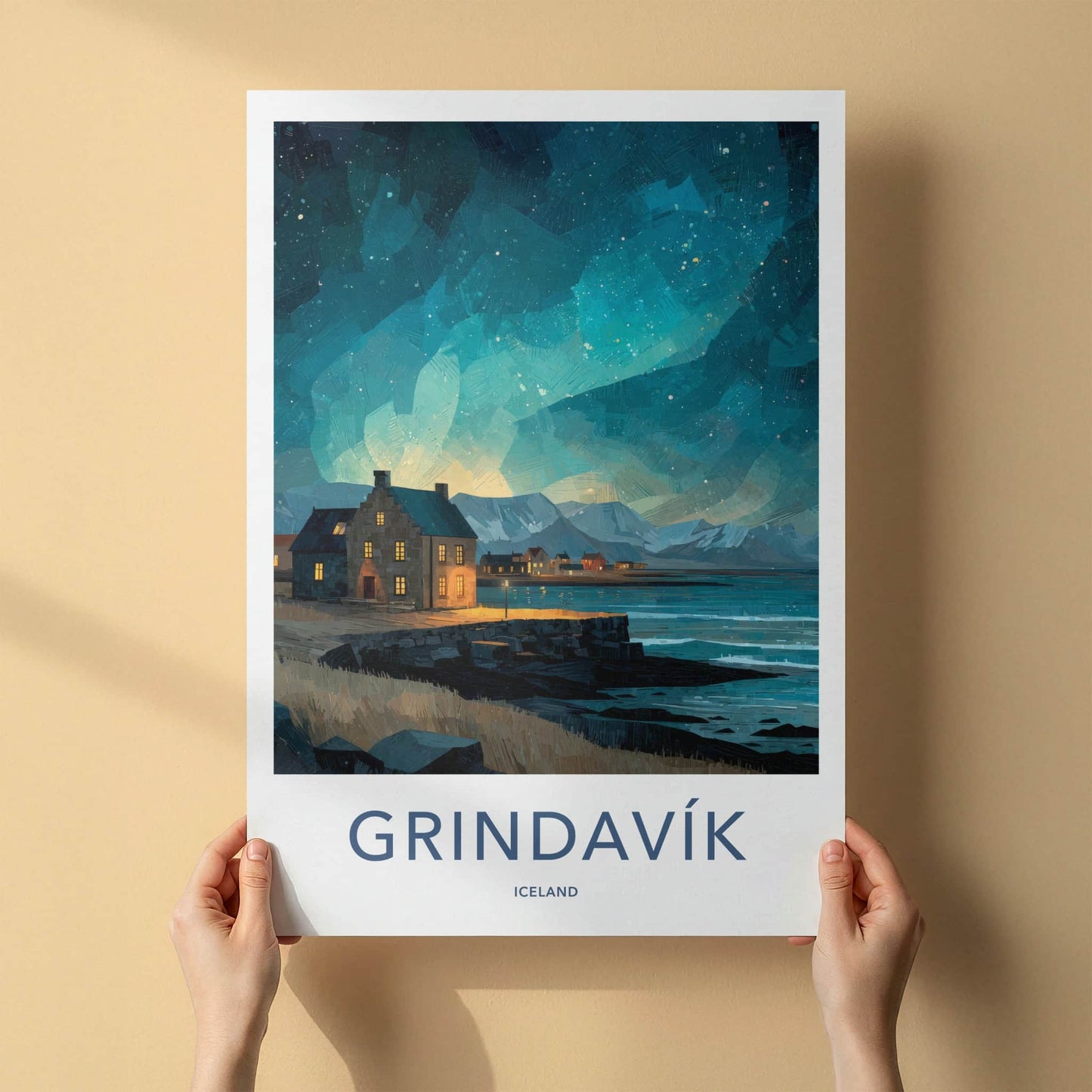 Grindavik Poster - Iceland Travel Art - Starry Coastal Village Home Decor