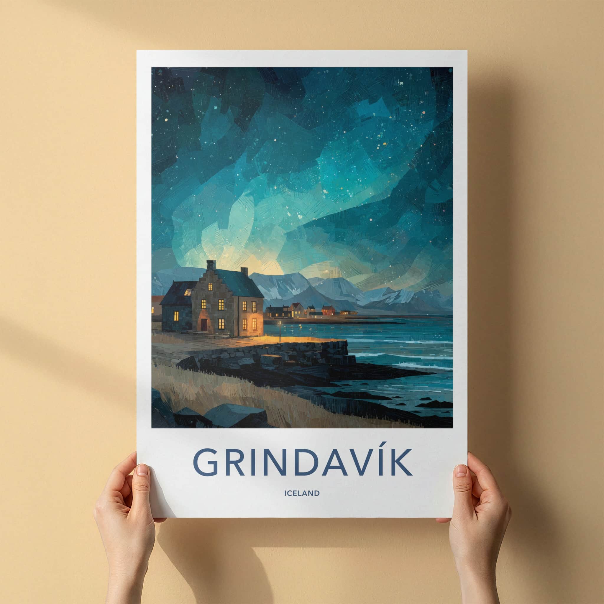 Grindavik Poster - Iceland Travel Art - Starry Coastal Village Home Decor