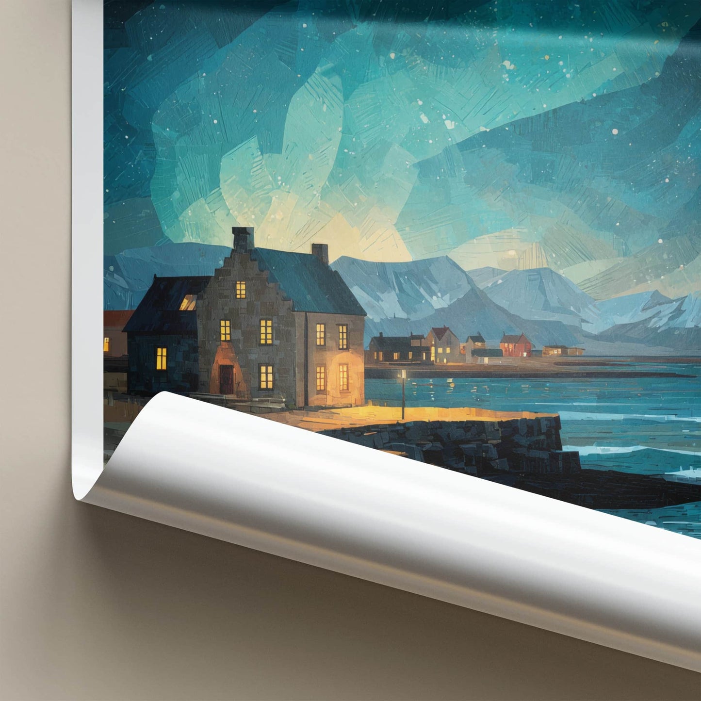 Grindavik Poster - Iceland Travel Art - Starry Coastal Village Home Decor