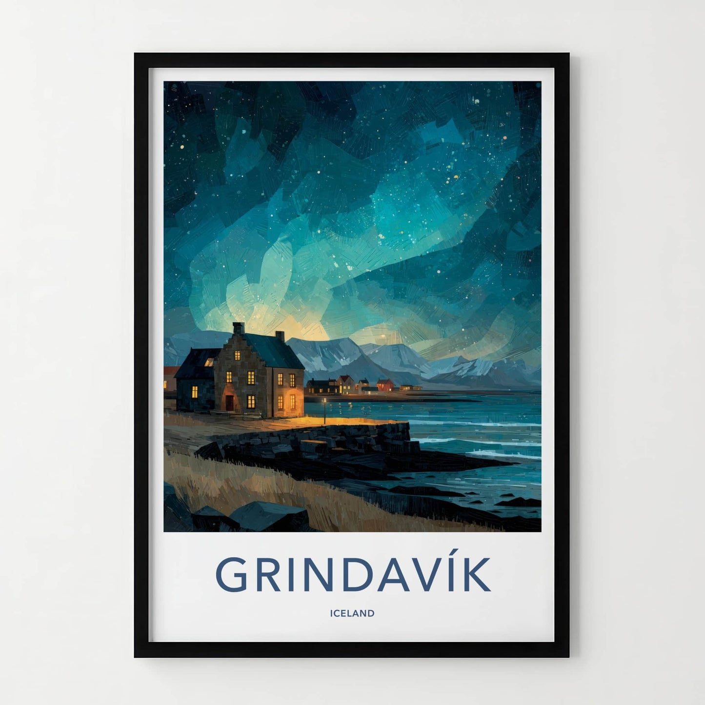 Grindavik Poster - Iceland Travel Art - Starry Coastal Village Home Decor