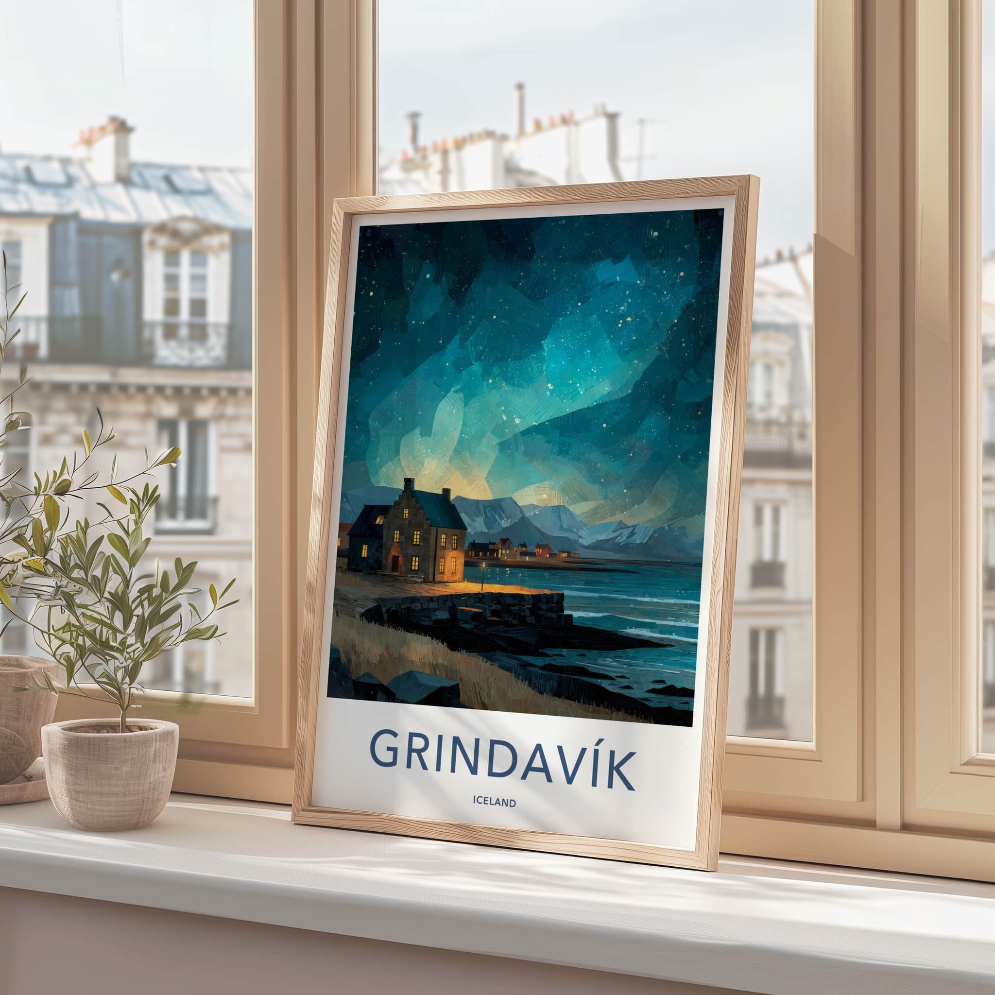 Grindavik Poster - Iceland Travel Art - Starry Coastal Village Home Decor