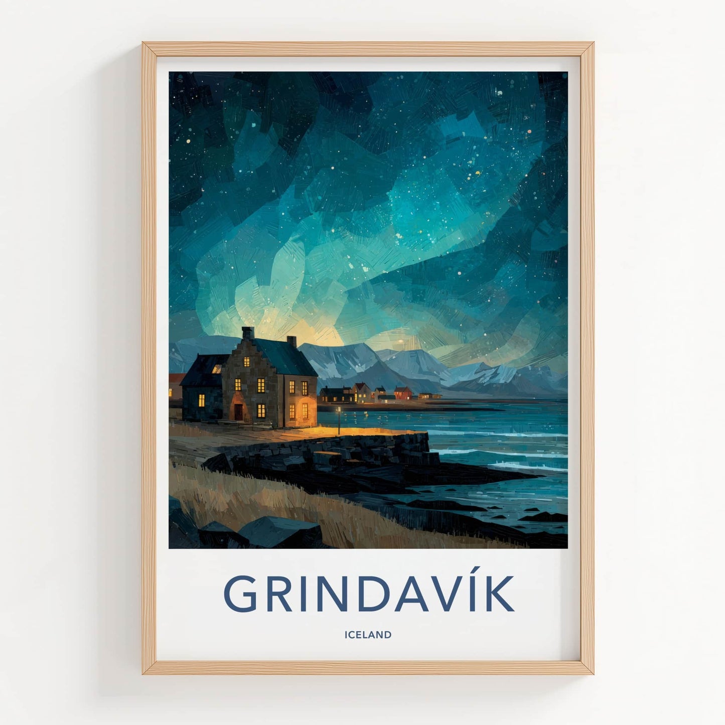 Grindavik Poster - Iceland Travel Art - Starry Coastal Village Home Decor
