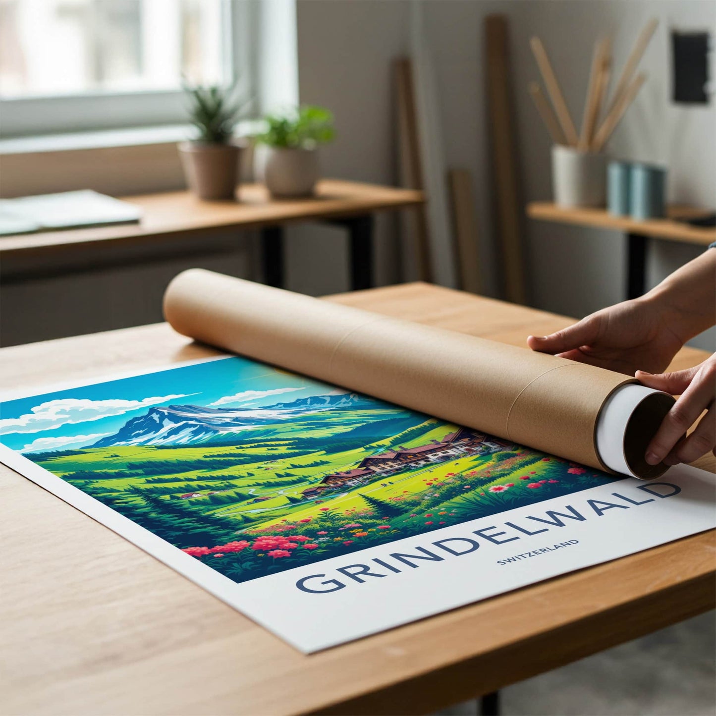 Grindelwald Poster - Switzerland Travel Art - Alpine Village Sunny Home Decor