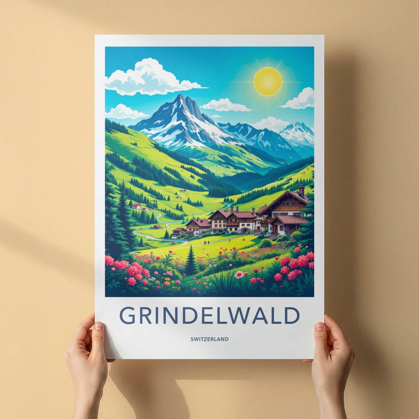 Grindelwald Poster - Switzerland Travel Art - Alpine Village Sunny Home Decor