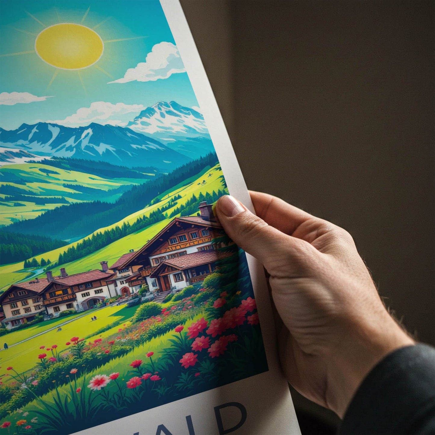 Grindelwald Poster - Switzerland Travel Art - Alpine Village Sunny Home Decor