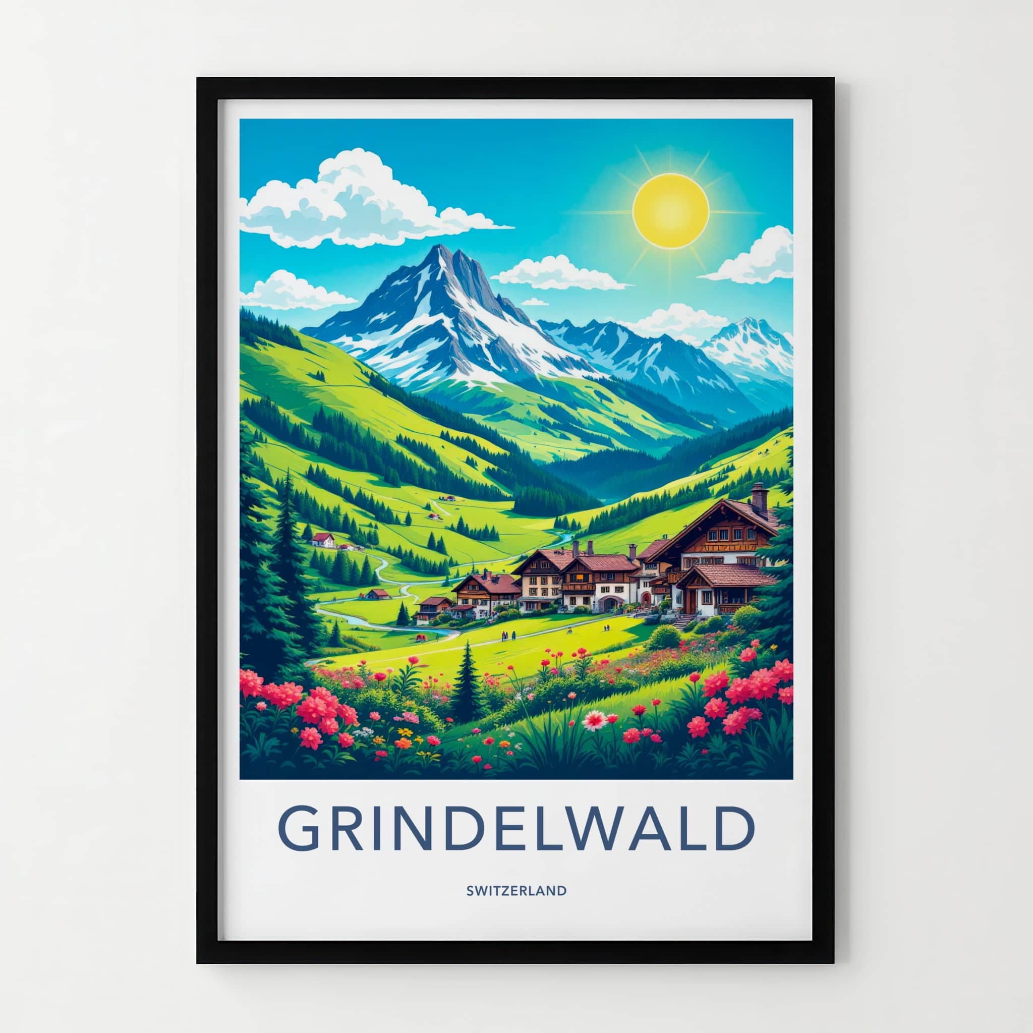 Grindelwald Poster - Switzerland Travel Art - Alpine Village Sunny Home Decor